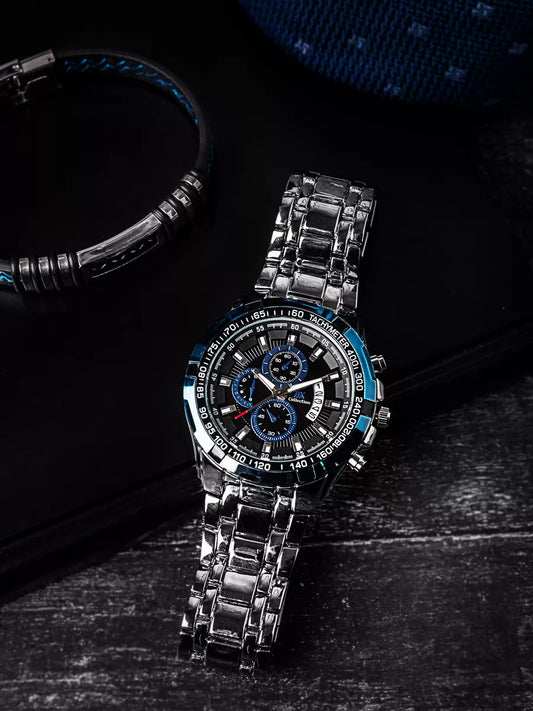 Men’s Stainless Steel Quartz Watch – Classic Chronograph & Gift Bracelet Set