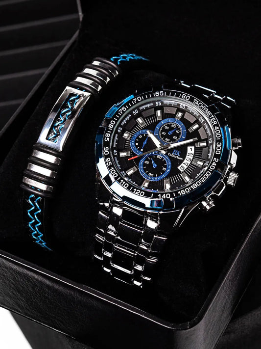 Men’s Stainless Steel Quartz Watch – Classic Chronograph & Gift Bracelet Set