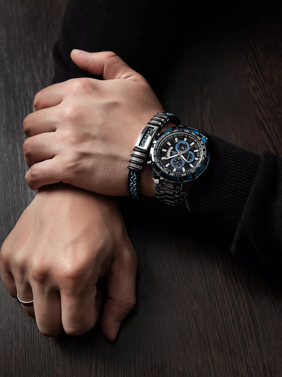 Men’s Stainless Steel Quartz Watch – Classic Chronograph & Gift Bracelet Set