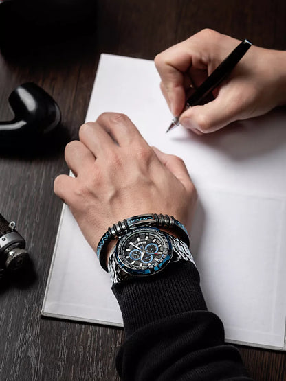 Men’s Stainless Steel Quartz Watch – Classic Chronograph & Gift Bracelet Set