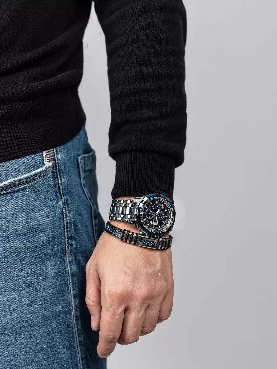 Men’s Stainless Steel Quartz Watch – Classic Chronograph & Gift Bracelet Set