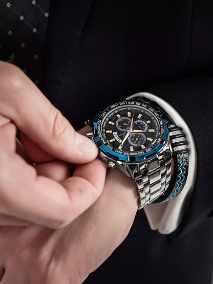 Men’s Stainless Steel Quartz Watch – Classic Chronograph & Gift Bracelet Set