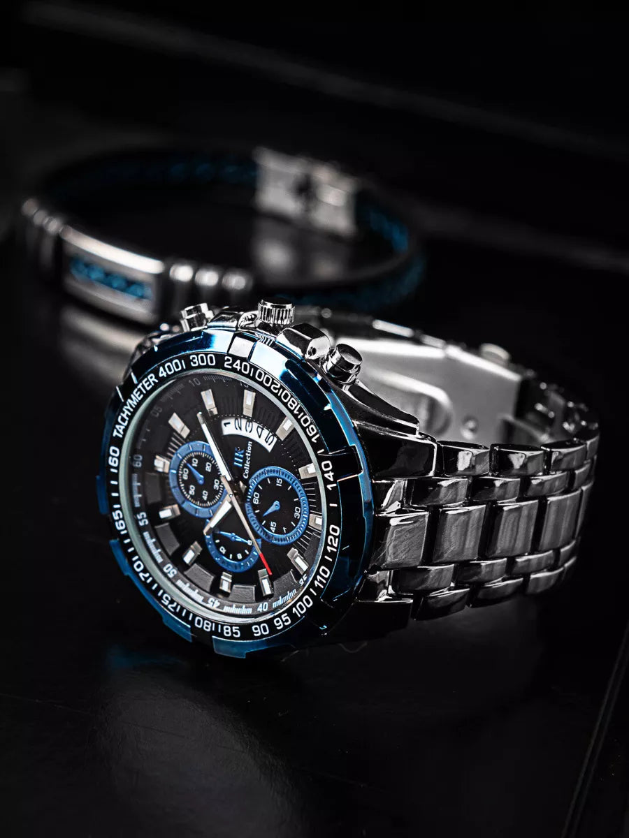 Men’s Stainless Steel Quartz Watch – Classic Chronograph & Gift Bracelet Set
