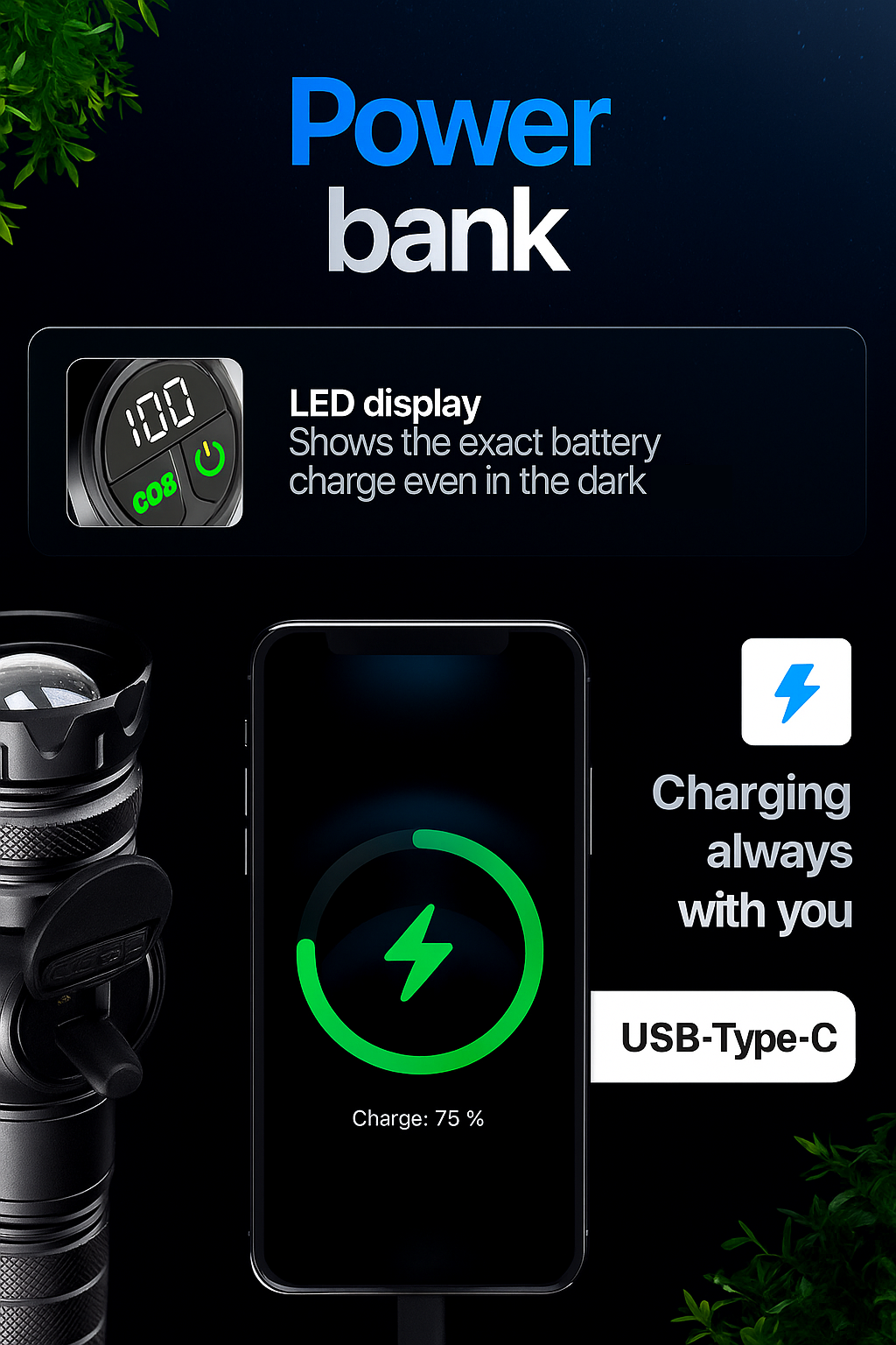 3-in-1 Tactical Flashlight with Hand Crank & USB Charging